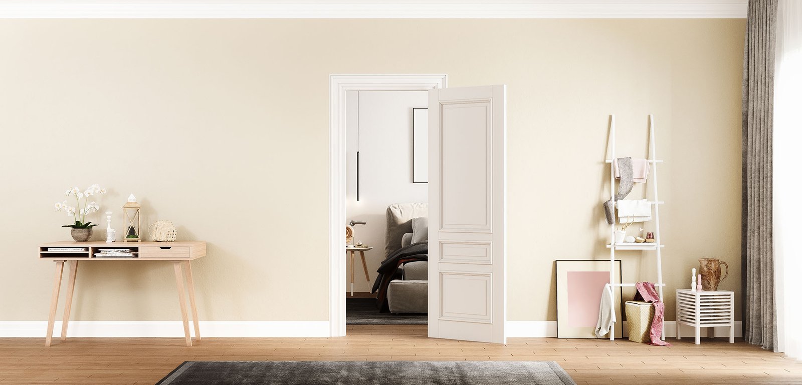 modern-interior-living-room-with-door-console-table-photo-frame-3d-rendering